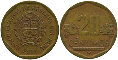 Перу 20 сентимо 2007 LIMA KM 306.4, Schon 105 латунь 4543-1152