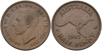 Австралия 1/2 пенни 1943 Кенгуру, Георг VI (1937-1952) KM 41 бронза 4579-124