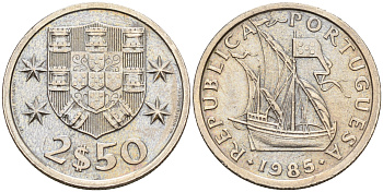 Португалия 2,5 эскудо 1985 парусник KM 590 медно-никель    4160-1255