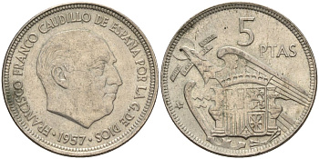 Испания 5 песет 1957 (59) Франсиско Франко (1939 - 1975) KM 786 медно-никель 4155-532