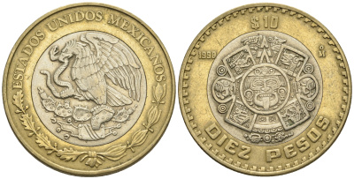 Мексика 10 песо 1998 Мо, бог Тонатиуха с огненной маской KM 616 биметалл 87-743