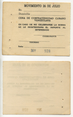 Куба корешок листа чековой книжки 1950 номер 928, не заполненный, движение 26 июля, благотворительный ужин Кубы и Венесуэлы   бумага  аUNC  444-29-1-1