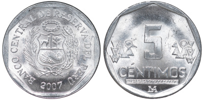 Перу 5 сентимо 2007 LIMA KM 304.4a алюминий aUNC 4189-969