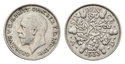 Великобритания 6 пенсов 1933 Георг V (1910-1936) KM 832, Spink 4041 серебро 4690-815