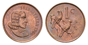 ЮАР 1 цент 1966 Ян ван Рибек (1619-1677), Suid Africa, легенда на африкаанс, капские воробьи KM 65.2 бронза UNC 4690-1055