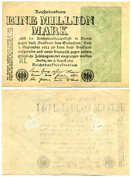 Германия 1000000 марок 1923 9 августа, тип 2, водяной знак звезда в крючках Pick 102 a, Розенберг 101 a, Grabowski DEU 114 a бумага 7221-19-3-2