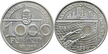 Венгрия 1000 форинтов 1993 ВР, чемпионат мира по футболу В США KM 706 серебро UNC 04-101-24