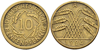 ГЕРМАНИЯ 10 РЕНТЕНПФЕННИГОВ 1924 А KM 33, J. 309 алюминиевая бронза 4401-355