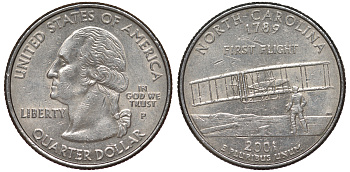 США 25 центов = квотер 2001 Р, серия штаты США, Северная Каролина KM 319 медь плакированная медно-никелем 4538-315