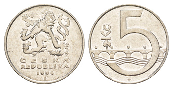 Чехия 5 крон 1994 чешский лев, Карлов KM 8 сталь плакированный никелем 4166-111