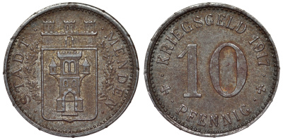 Германия, Менден 10 пфеннигов 1917 Северный Рейн-Вестфалия, нотгельд Funck 328.2 железо 4119-1057