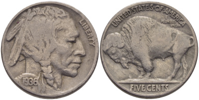 США 5 ЦЕНТОВ 1936 ИНДЕЕЦ, БИЗОН KM 134 медно-никель 63-726