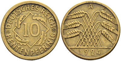 ГЕРМАНИЯ 10 РЕНТЕНПФЕННИГОВ 1924 А KM 33, J. 309 алюминиевая бронза 4401-355