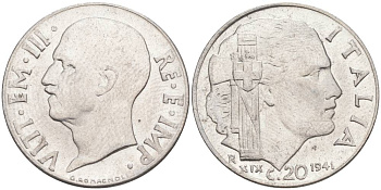 ИТАЛИЯ 20 ЧЕНТЕЗИМО 1941 R, ГОД XIX, ВИКТОР ЭММАНУИЛ III (1900-1946) KM 75b, VEM3. 1028 нержавеющая сталь 3853-621