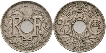 Франция 25 сантимов 1933 тип Линдауэр KM 867a, Le Franc 171 медно-никель 4584-437