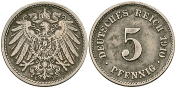 Германия 5 пфеннигов 1910 E, KM 11, Jager 12, Weege 6 медно-никель 4608-936