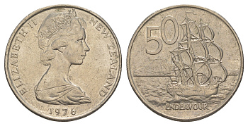 Новая Зеландия 50 центов 1976 Елизавета II (1952-2022), парусник Индевор KM 37 медно-никель UNC 189-222