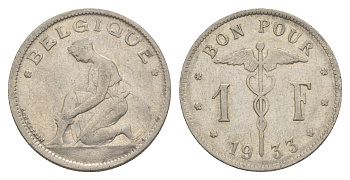 Бельгия 1 франк 1933 Belgique, Альберт I (1909-1934) KM 89 никель 4619-1037