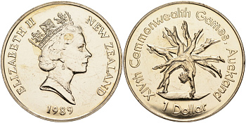 Новая Зеландия 1 доллар 1989 XIV Игры Содружества наций, гимнастика, Елизавета II (1952-2022) KM 68 медно-никель UNC 74-735