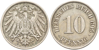 Германия 10 пфеннигов 1915 J KM 12, Jager 13, Weege 8 медно-никель 219-253