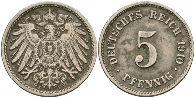 Германия 5 пфеннигов 1910 E, KM 11, Jager 12, Weege 6 медно-никель 4608-936