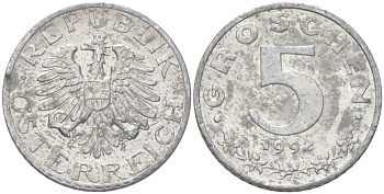 Австрия 5 грошей 1992 редкий год KM 2875 цинк aUNC 4613-1157