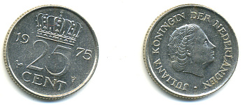 Нидерланды 25 центов 1975 Юлиана (1949-1980) KM 183 никель 83-1024