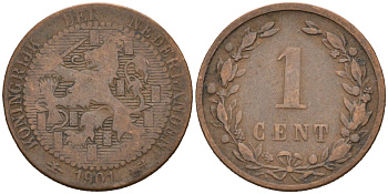 Нидерланды 1 цент 1901 Вильгельмина (1890-1948) KM 130 бронза 4576-645