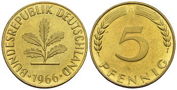 ФРГ 5 пфеннигов 1966 G KM 107, J. 382 сталь плакированная латунью PROOF 1094-7-12