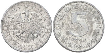 Австрия 5 грошей 1992 редкий год KM 2875 цинк aUNC 4613-1157