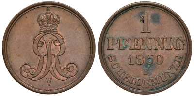 Ганновер 1 пфенниг 1860 B, Георг V KM 233, AKS 156, J. 90 медь 4594-526