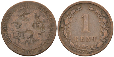 Нидерланды 1 цент 1901 Вильгельмина (1890-1948) KM 130 бронза 4576-645