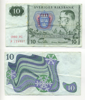 ШВЕЦИЯ 10 КРОН 1980 СЕРИЯ FG Pick 52e бумага 7203-73-2