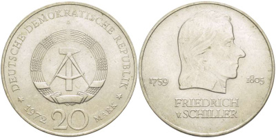 ГДР 20 марок 1972 А, Фридрих Шиллер (1759-1805) KM 40 медно-никель 4521-712