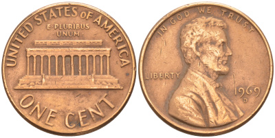 США 1 ЦЕНТ 1969 D, ЛИНКОЛЬН KM 201 медь цинк 188-259