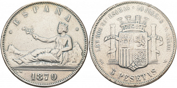 ИСПАНИЯ 5 ПЕСЕТ 1870 SN-M КОПИЯ белый металл 4184-934