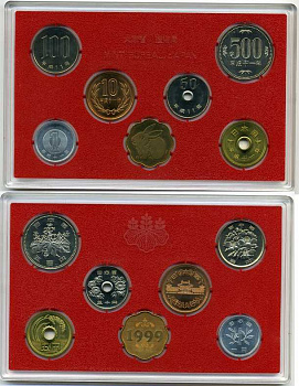 Япония набор из 6 монет + жетон 1999 официальный набор в пластиковой упаковке, жетон год зайца BUNC 2-4-1-08
