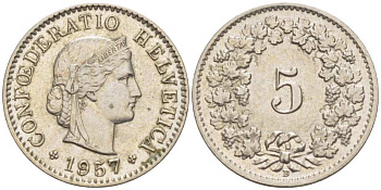 ШВЕЙЦАРИЯ 5 РАППЕНОВ 1957 В KM 26 медно-никель 206-256