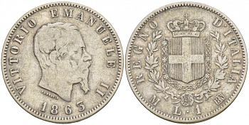 Италия 1 лира 1863 M-BN, Виктор Эммануил II KM 5a.1 серебро 4548-827