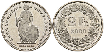 Швейцария 2 франка 2000 B HMZ 2.1202, Divo/Tob19.304a, KM 21a, Schoen 29a, Schoen 59 медно-никель UNC 4517-243