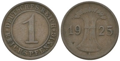 Германия 1 рейхспфенниг 1925 А KM 37, J. 313 бронза 3458-1127