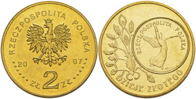 Польша 2 злотых 2007 MW, серия история польского злотого, Ника KM 592 нордик UNC 4676-436