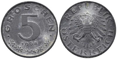 АВСТРИЯ 5 ГРОШЕЙ 1968 KM 2875 цинк 39-1244