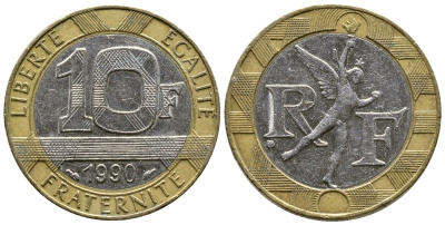 Франция 10 франков 1990 тип Гений Бастилии KM 964.1, Le Frank 375.5 биметалл 51-5616
