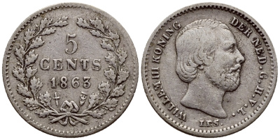 НИДЕРЛАНДЫ 5 ЦЕНТОВ 1863 ВИЛЛЕМ III KM 91 серебро 46-621