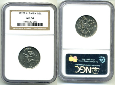 Албания 1/2 лек 1926 Зог I, слаб NGC MS 64 KM 4 никель UNC 00-000-00
