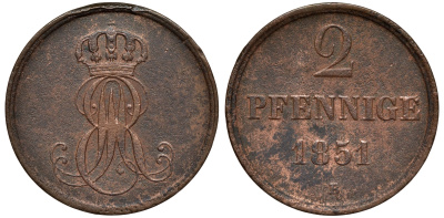 Ганновер 2 пфеннига 1851 B, Эрнст Август (1837-1851) KM 202.1, AKS 124, J. 75 медь 75-1953