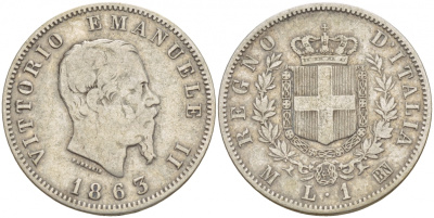 Италия 1 лира 1863 M-BN, Виктор Эммануил II KM 5a.1 серебро 4548-827
