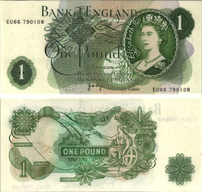 АНГЛИЯ 1 ФУНТ 1970-1977 ПОДПИСЬ J.B. PAGE Pick 374g бумага UNC (ПРЕСС) 7214-15-3-1