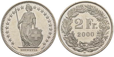 Швейцария 2 франка 2000 B HMZ 2.1202, Divo/Tob19.304a, KM 21a, Schoen 29a, Schoen 59 медно-никель UNC 4517-243